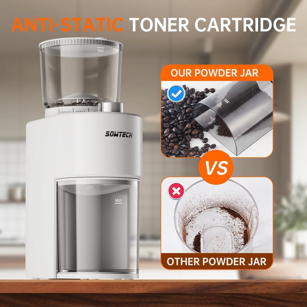 SOWTECH Anti-static Conical Burr Coffee Grinder, Adjustable Electric Mill, 38 P