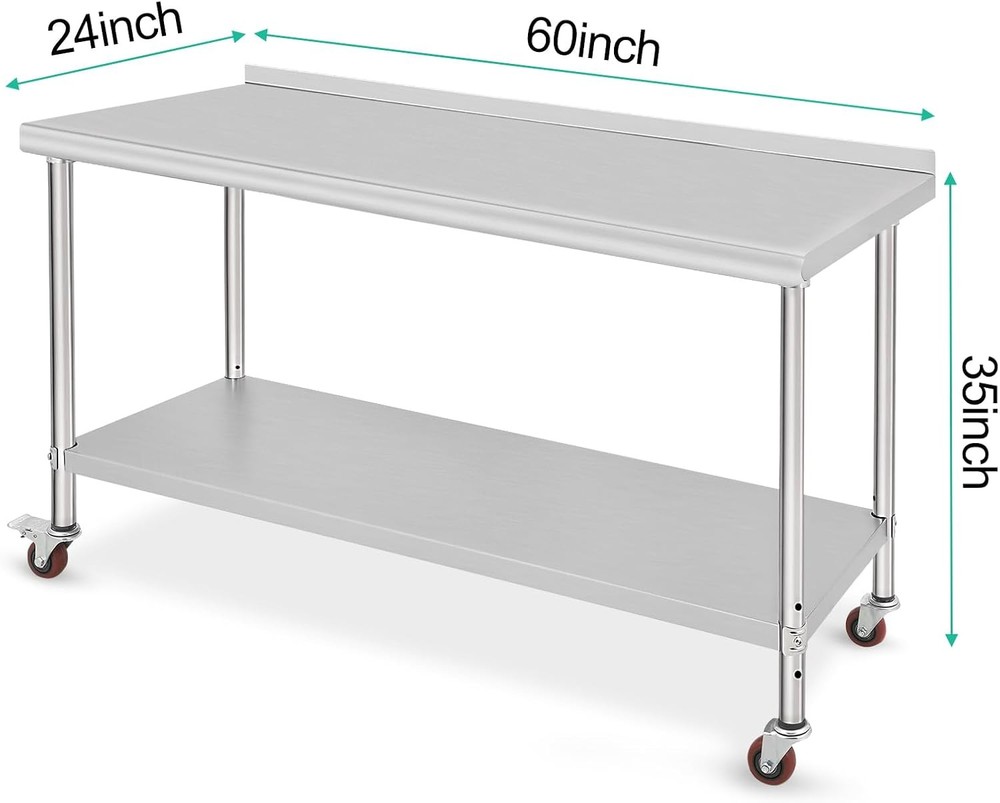 Stainless Steel Commercial Work Table with Backsplash & Casters