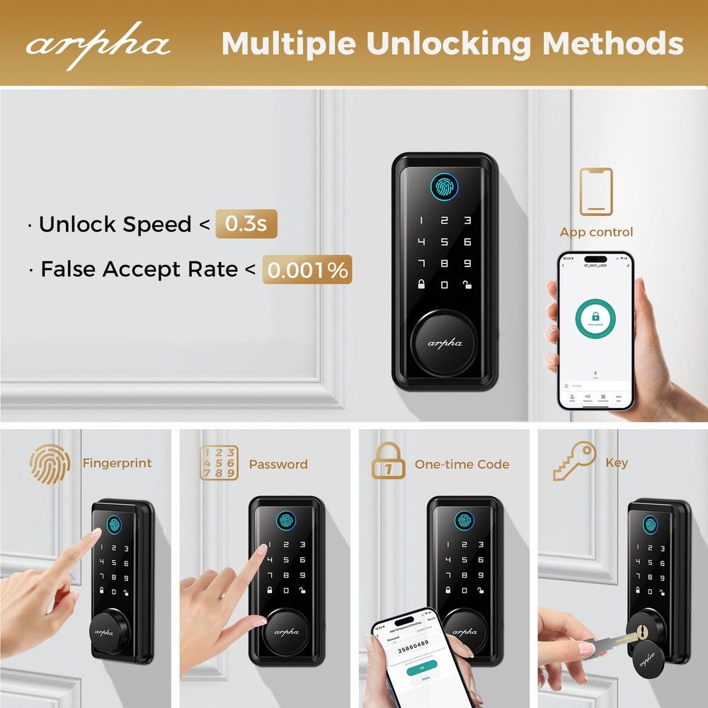 ARPHA Keyless Entry Door Lock 50 Codes Fingerprint Keypad Deadbolt Anti Peeping
