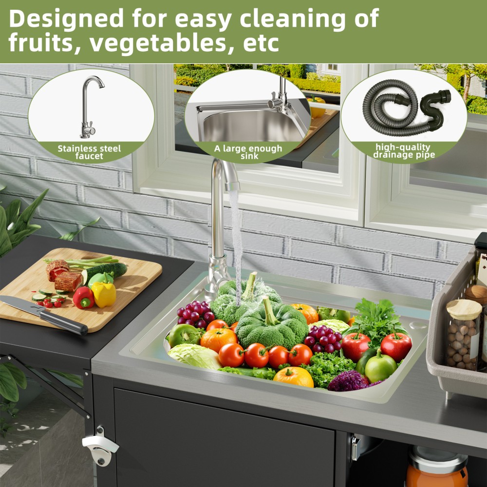 Rolling Outdoor Grill Cart with Sink Foldable Metal Worktable Storage