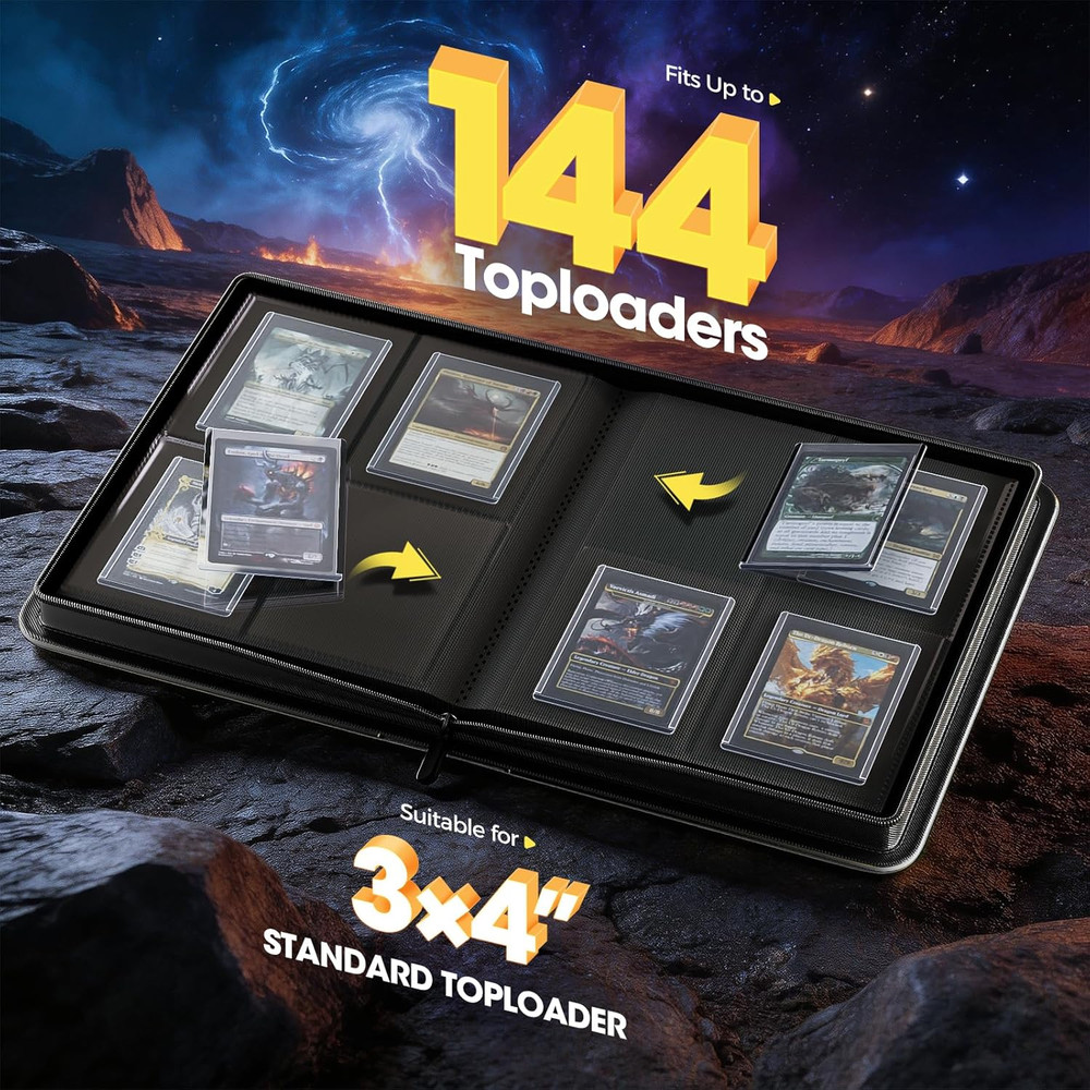 4 Pocket Top Loader Binder, Holding 144 Cards in 3"X4" Toploaders, Side Loading