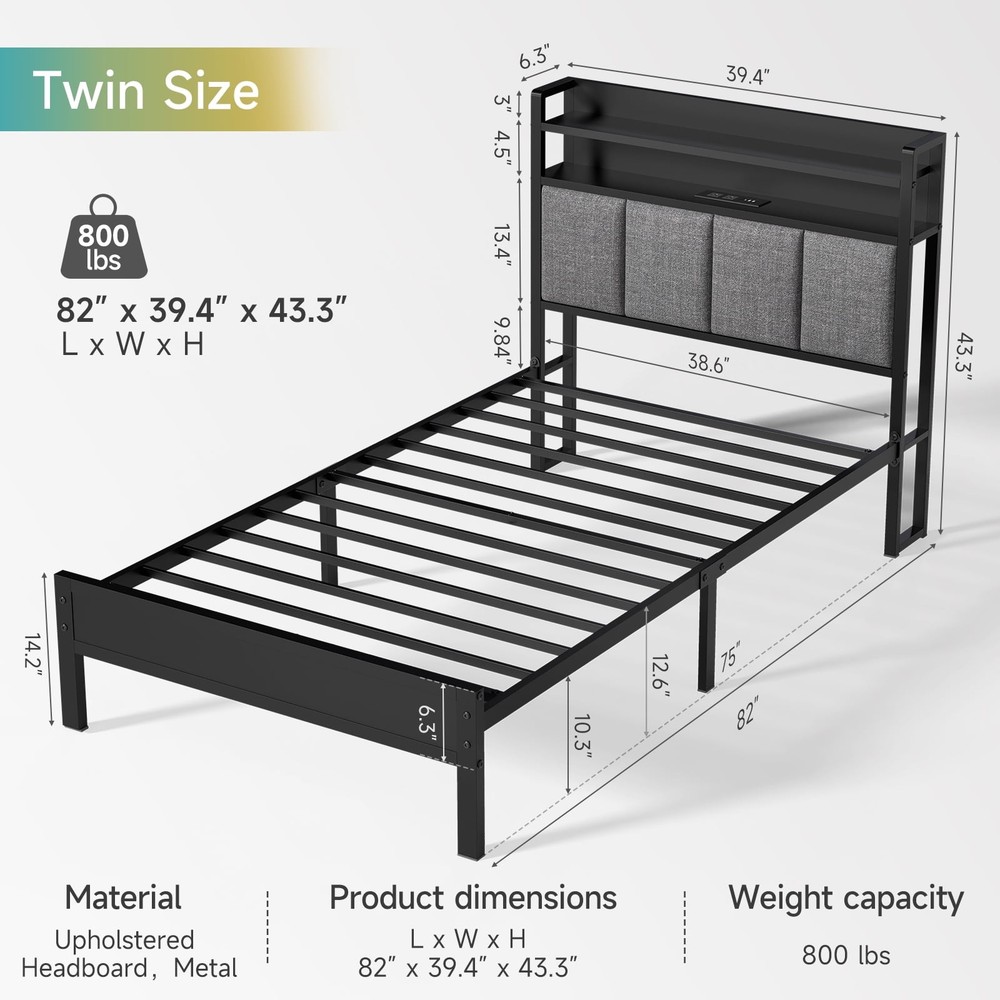 Storage Metal Platform Bed Frames with LED Light, Twin