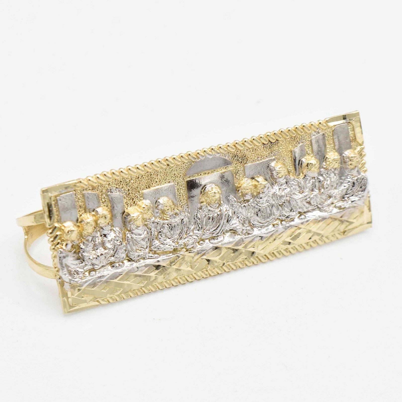 Diamond Cut Last Supper Three Finger Ring Real Solid 10K Yellow White Gold