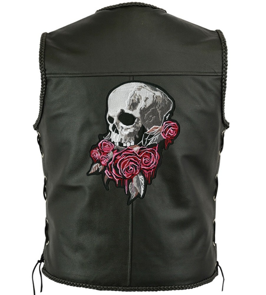 Bleeding Roses Skull Patch 11"| Realistic Halfskull Skeleton Embroidered Iron On