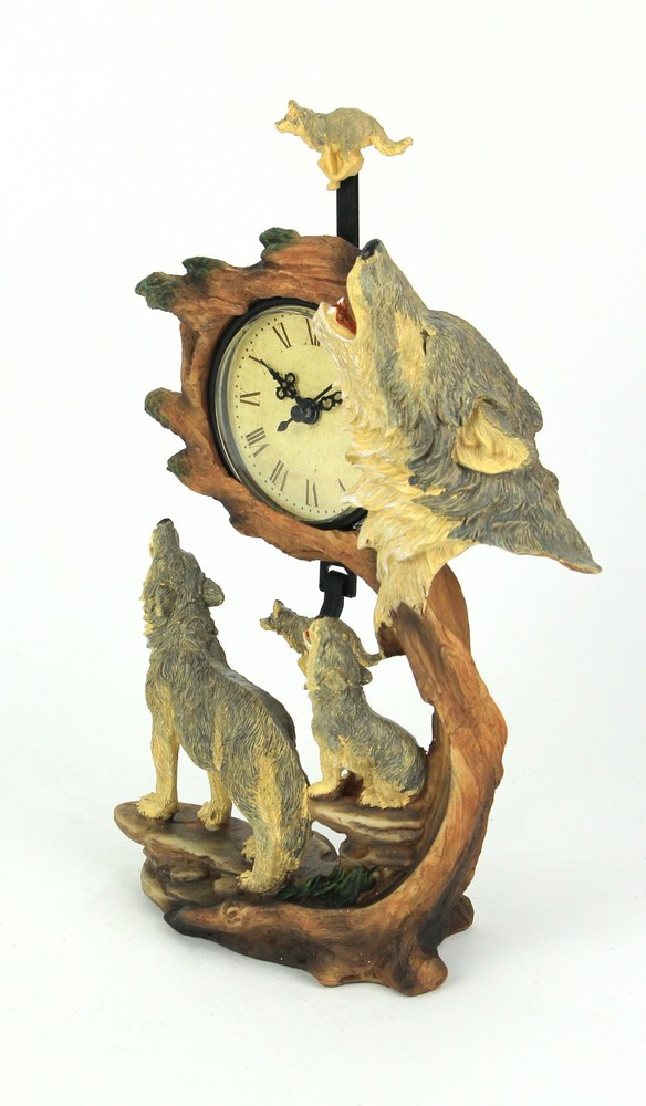 Howling Wolf Family Hand Painted Pendulum Table Mantel Clock