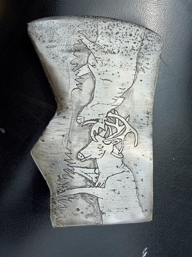 Vintage Jersey Pattern Single Bit Axe With A Deer Scenery Etched On Both Sides