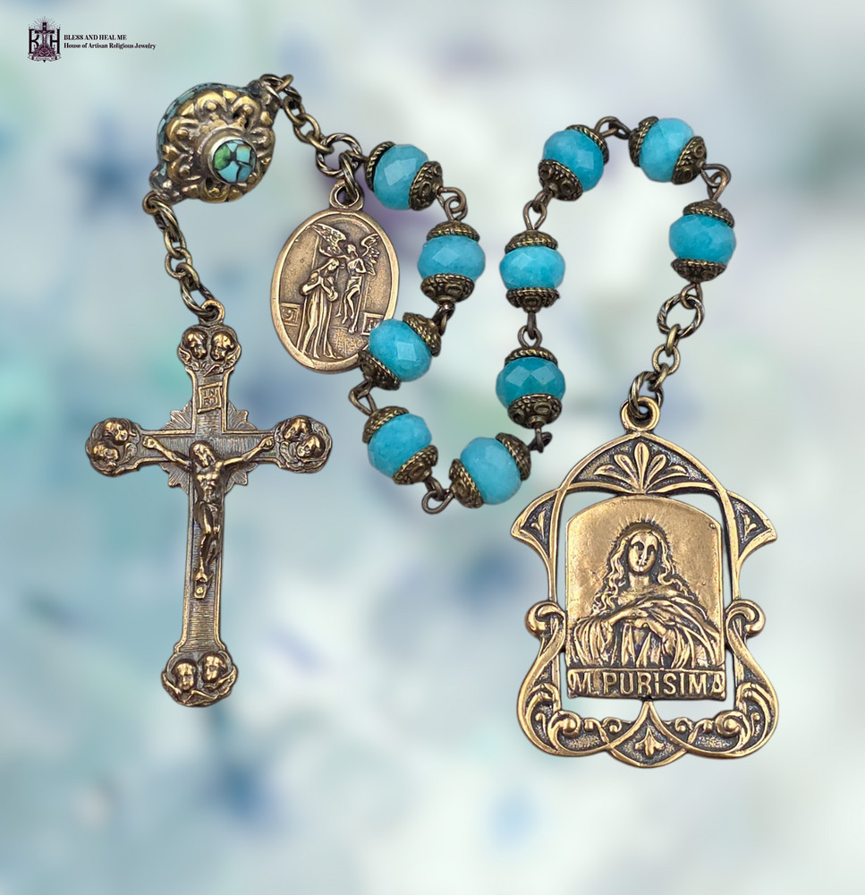 Immaculate Mary &Gabriel Annunciation Heirloom Chaplet Heritage Bronze|Amazonite