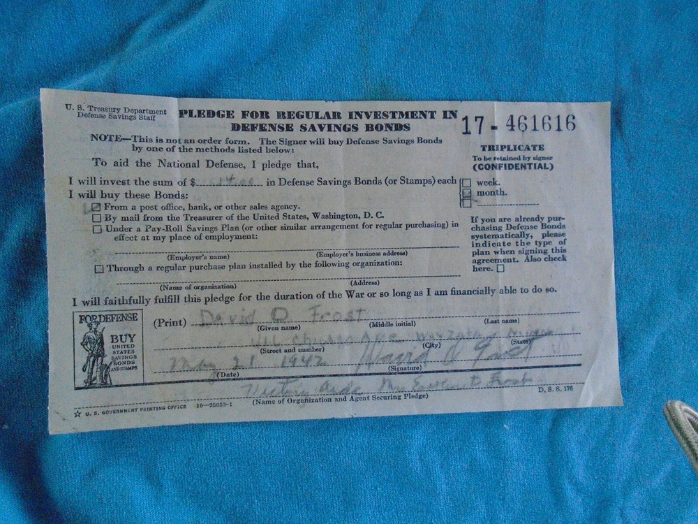 defense savings bonds pledge form, 1942