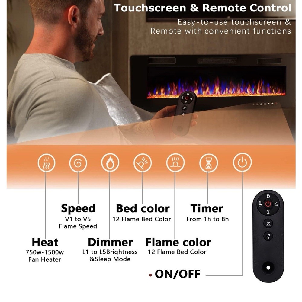 36" Electric Fireplace Heater Recessed Ultra Thin Wall Mounted Multicolor Flame