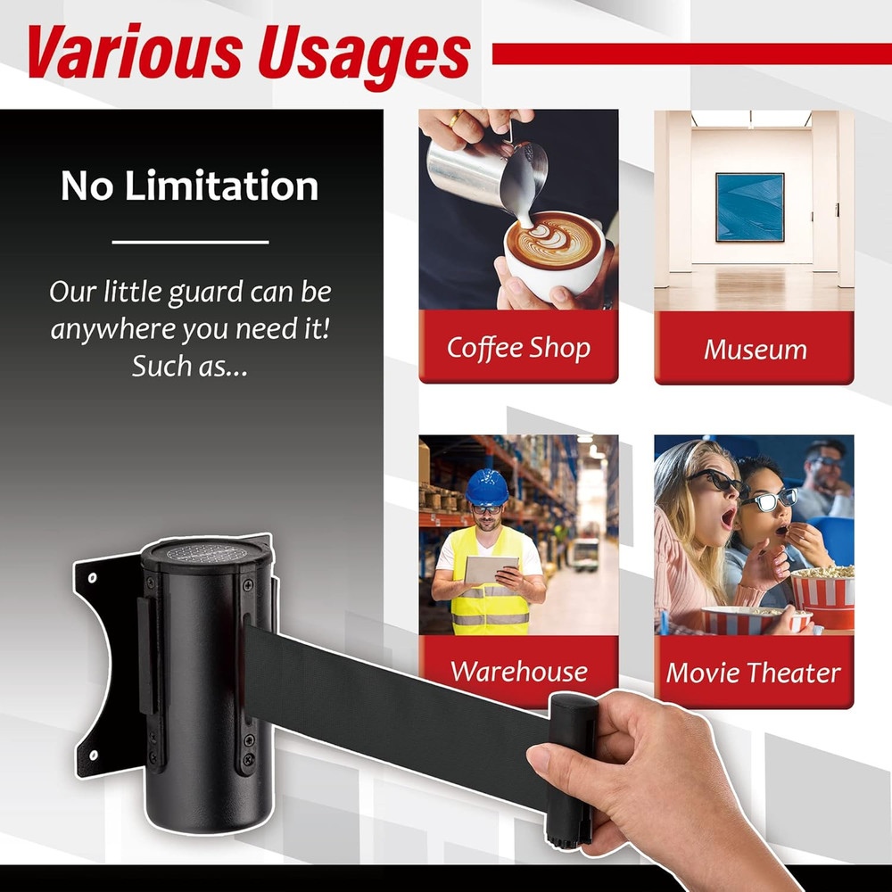 Wall Mount Crowd Control Retractable Belt Barrier - 9.2 Ft Black Retractables Ba