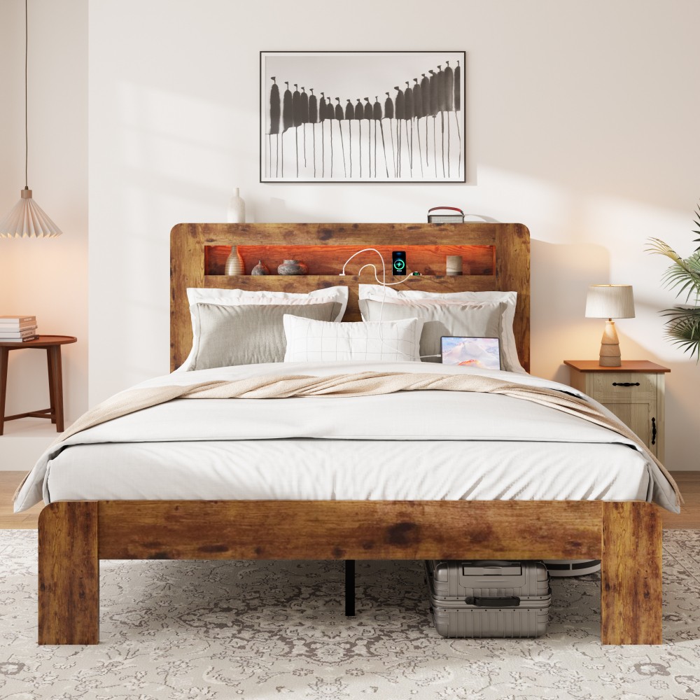 Bed Frame King Size, Wood Platform Bed Frame with Storage LED Light Headboard