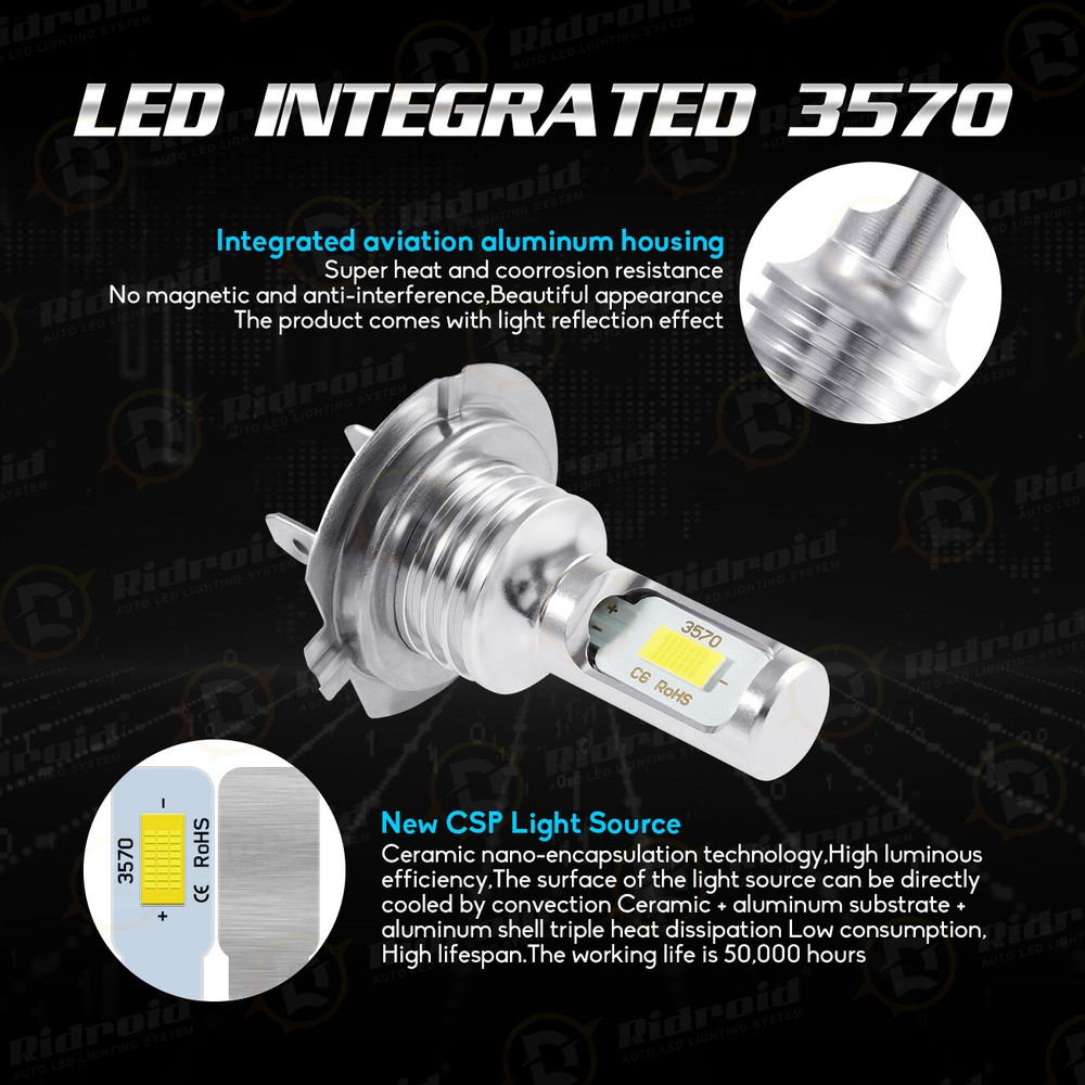 2 LED Headlight Bulbs Conversion Kit H7 High Low Beam Headlamp 6000K Super White