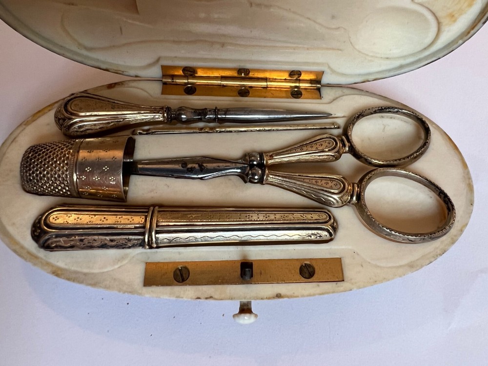 Exquisite 1920s GOLD 5 piece Sewing Kit, handpainted case