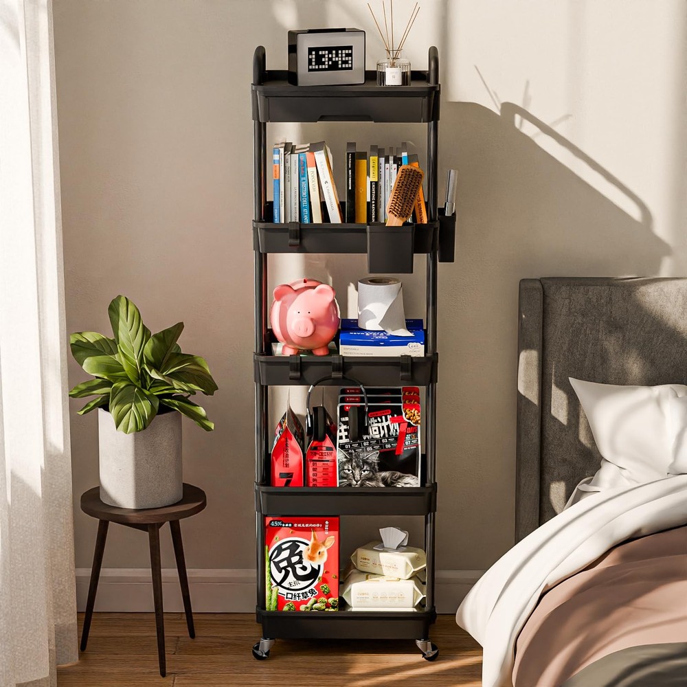 5 Tier Rolling Kitchen Storage Cart Organizer with Wheels Black Multi-Functional