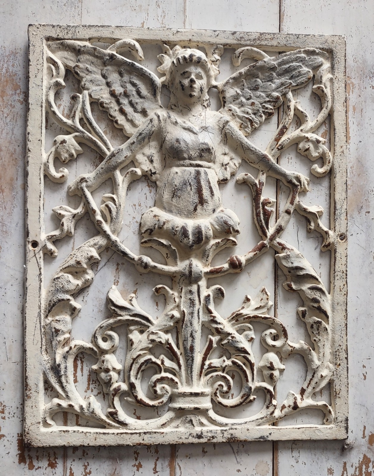 Antique Cast Iron Garden Angel Statue, Distressed Off White