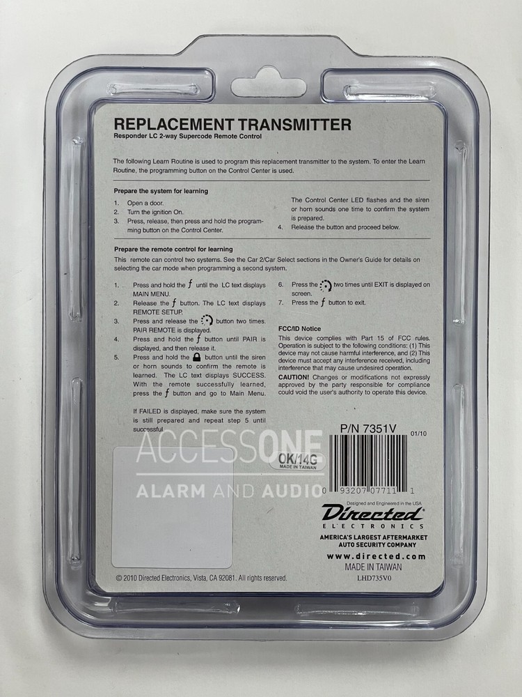 Viper 7351V 2-Way LCD Replacement Remote Control Transmitter Viper 3203 or 3203V