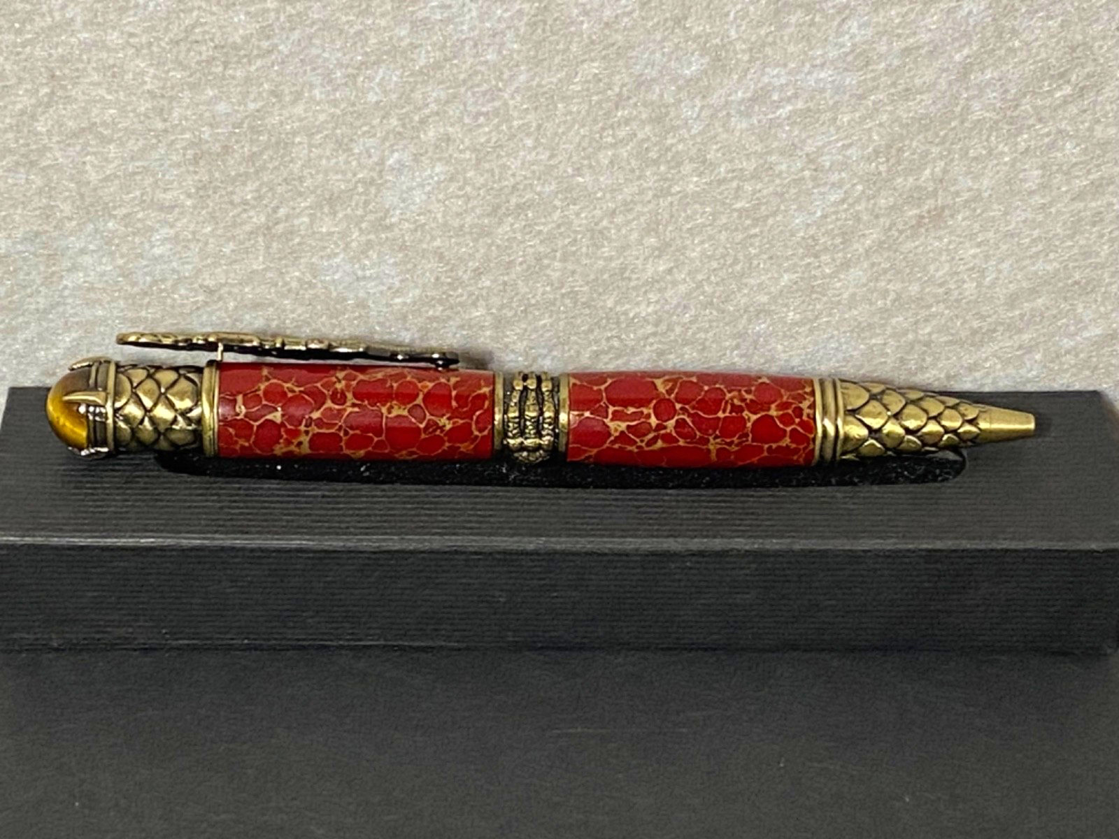 Red Jasper Crouching Dragon Armored Scales Twist Ballpoint Pen Tigers Eye