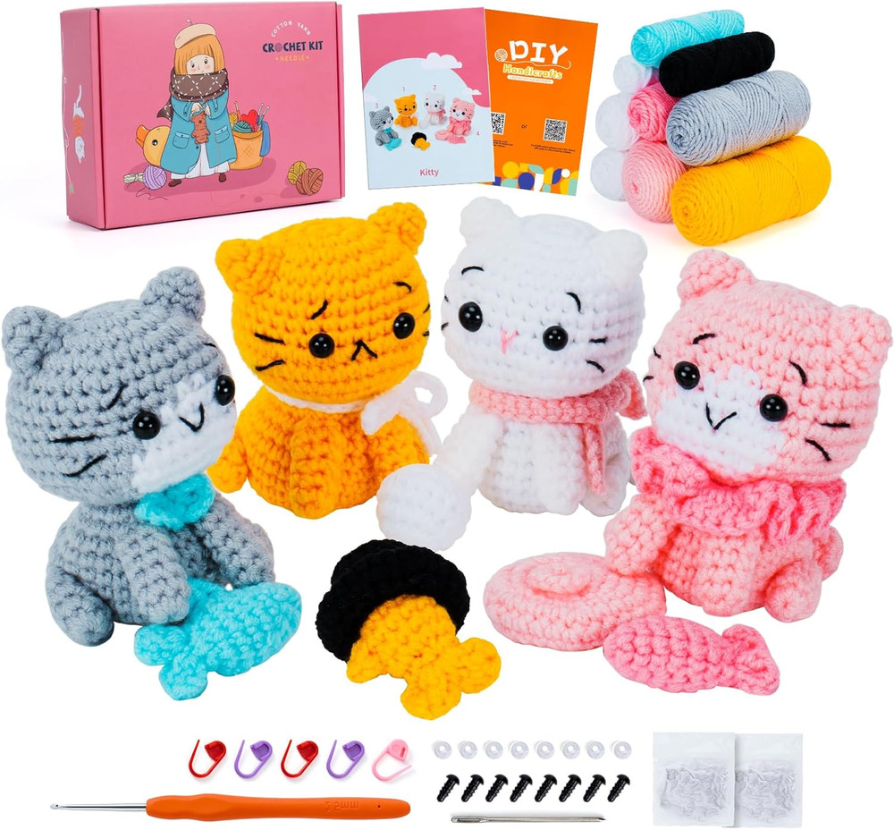 Crochet Kit for Beginners - Cat Crochet Kit with Step-by-Step Video Tutorials, L
