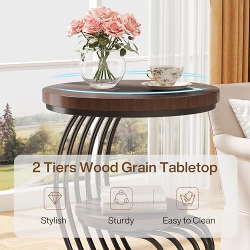 Round End Side Table: Side Table with 2 Tiers Storage Shelves, 1 Rustic Brown