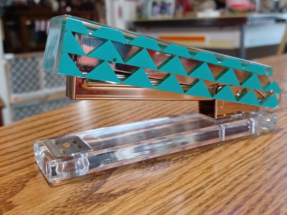 Designer Clear Acrylic Tape Dispenser & Stapler Set - Turquoise Triangle Pattern