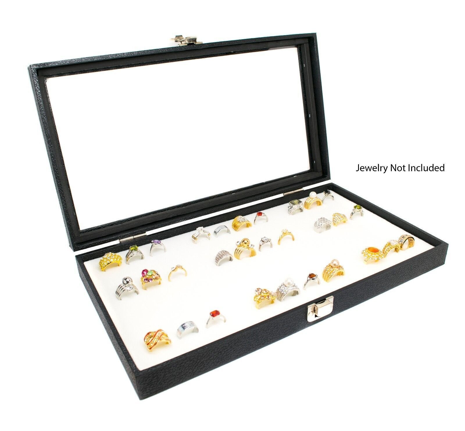 Novel Box Glass Top Black Jewelry Display Case With 36 or 72 Foam Ring Inserts