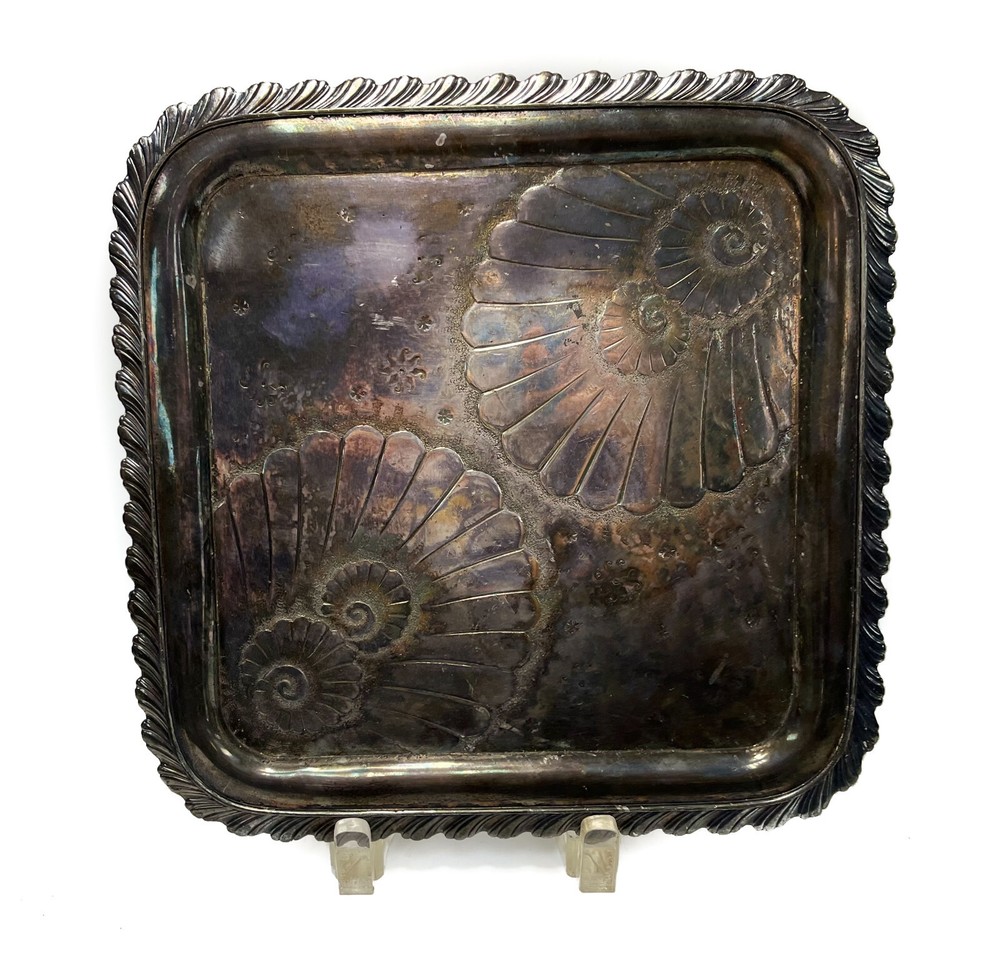 Meriden Britannia Silverplate Hand Chased Shell Square Tray #1749