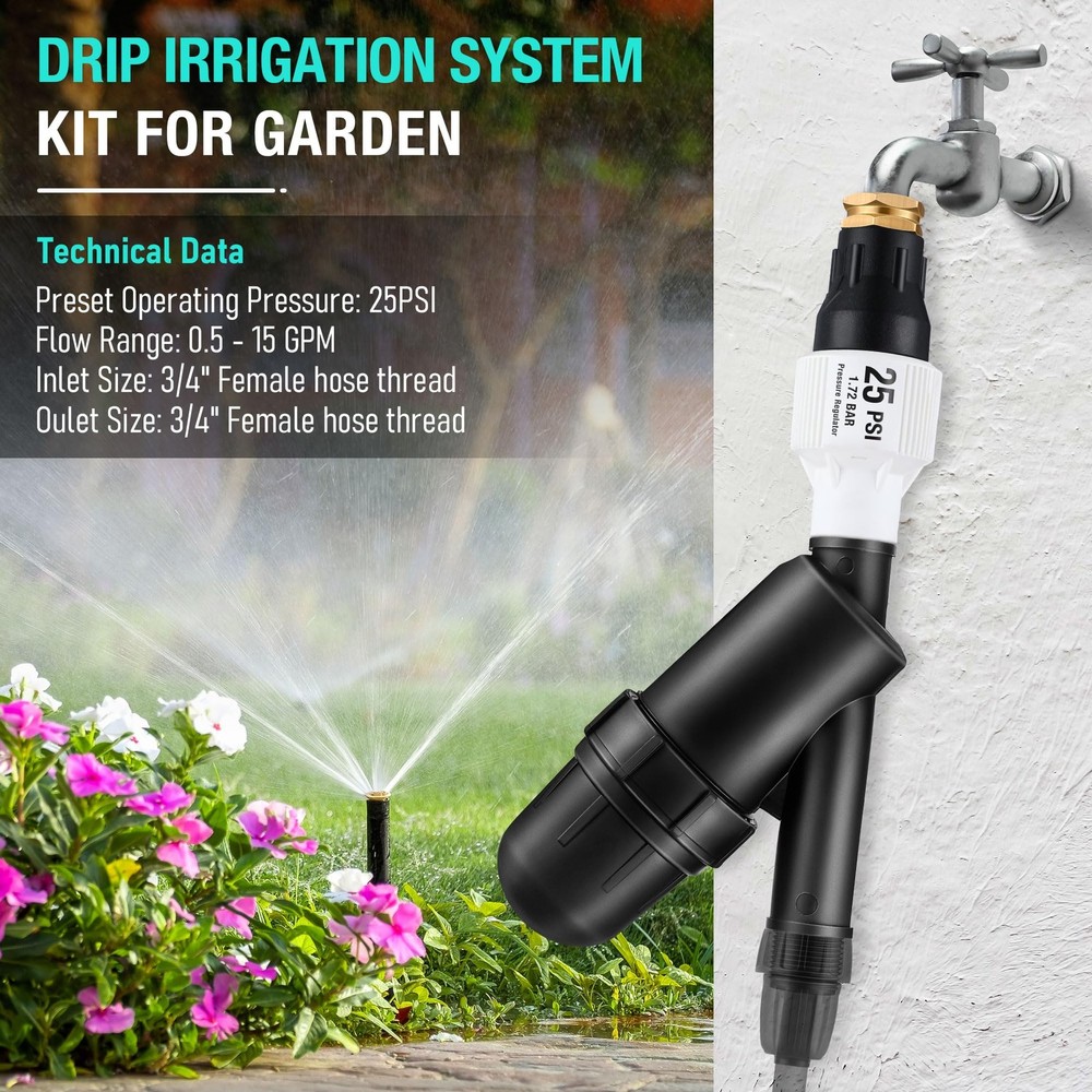 Drip Irrigation Pressure Regulator and Filter 25 PSI Water Backflow Preventer...