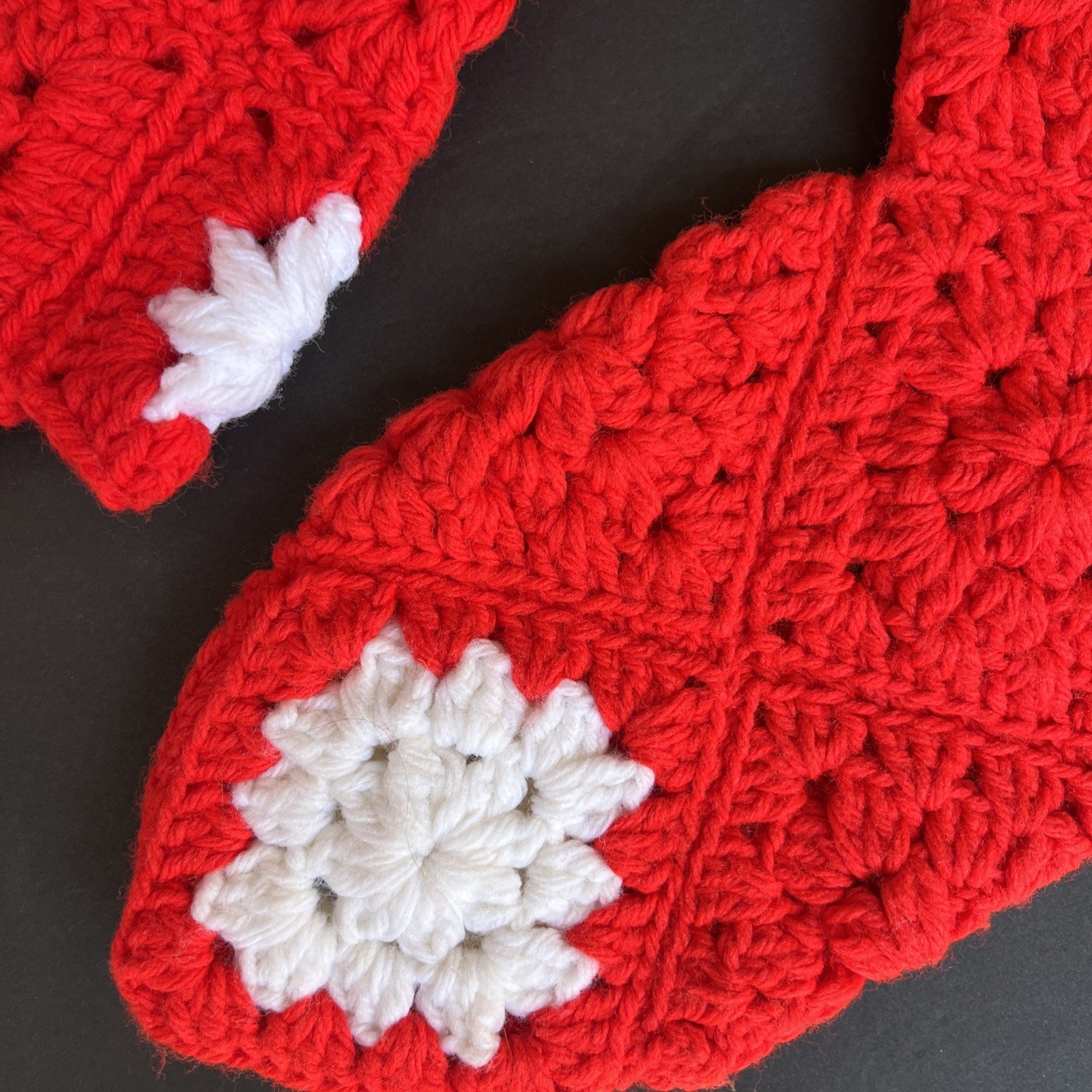 VTG Crochet Christmas Stockings Pair Red White Granny Squares Handmade 21” & 17”