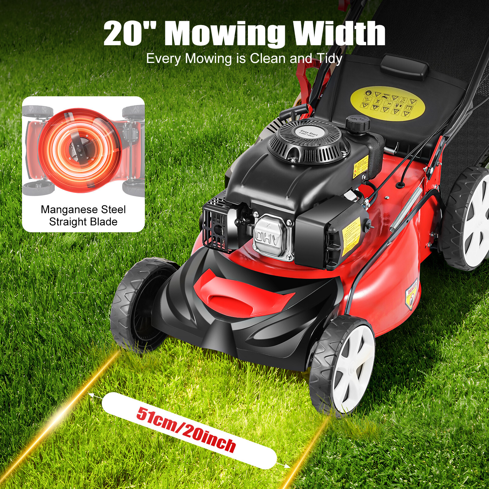 Self-Propelled Gas Powered Lawn Mower with Bagger with 4-Stroke Engine 20” 173cc