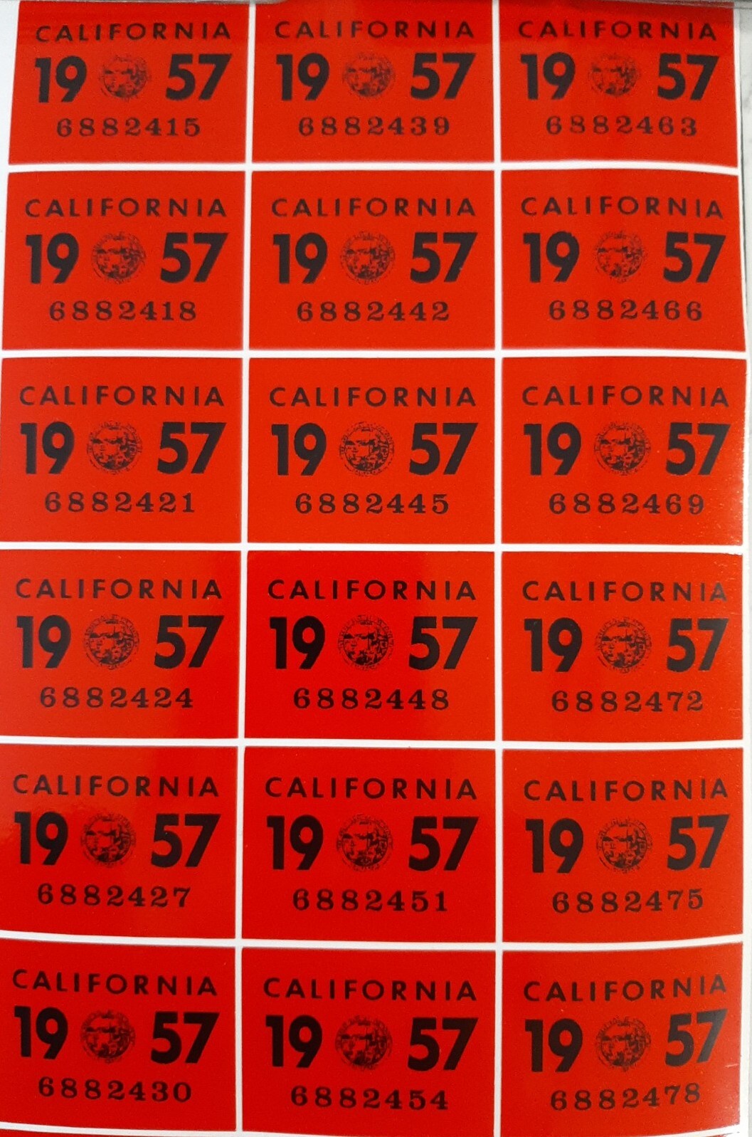 1957 California License Plate Reflective Registration Sticker, YOM, CA DMV