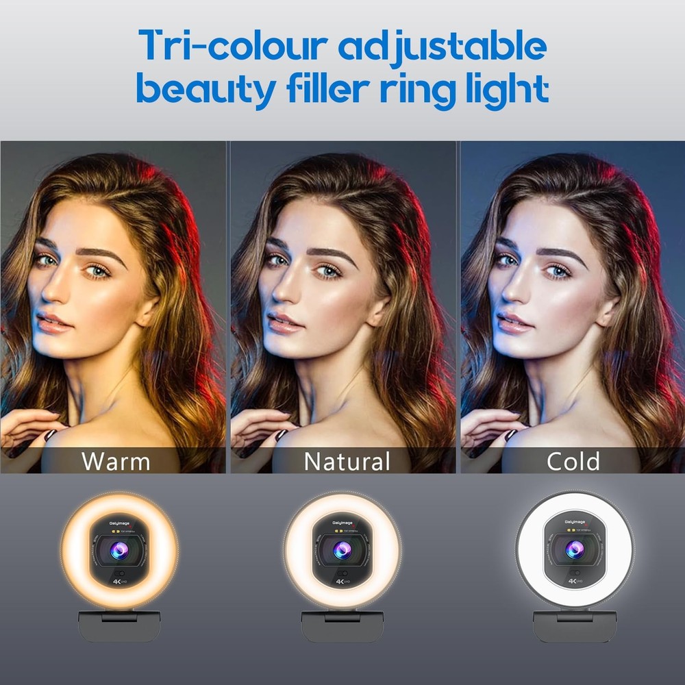 4K Webcam with Ring Light Web Cam 4K Autofocus with TOF Computer Camera 1080P...