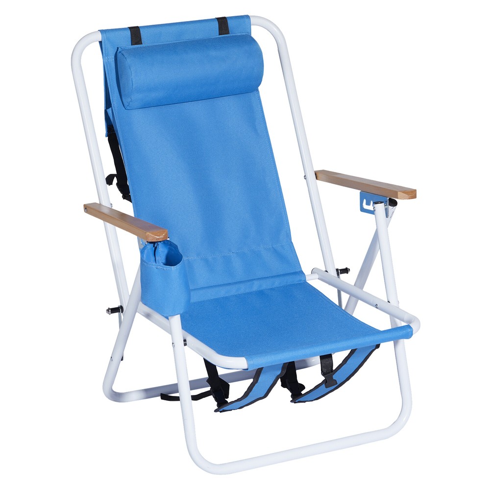 Folding Backpack Beach Chair Portable Camp Seat w/Adjustable Position Cup Holder