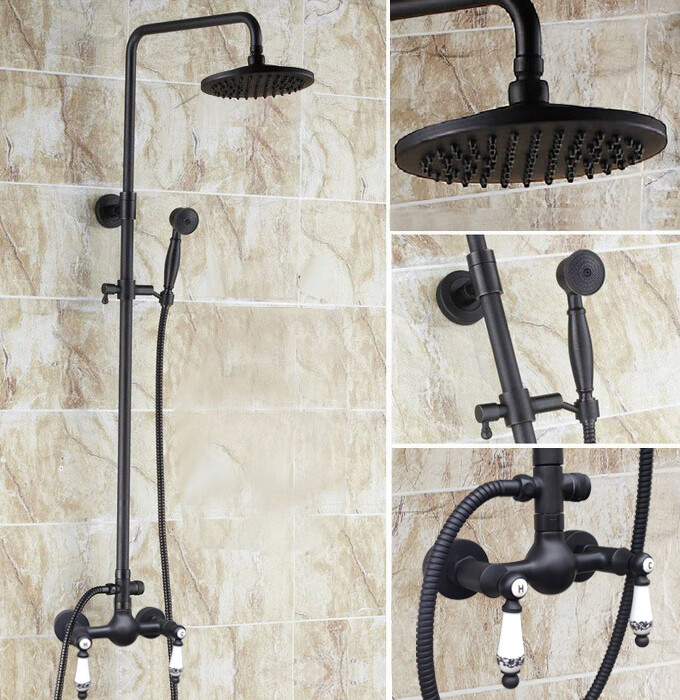 Black Finish Brass Wall Mount Rainfall Bathroom Rain Shower Set Taps 2an513
