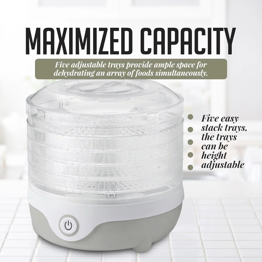 Food Dehydrator Machine with 5 Stackable Clear Trays and Drying Space