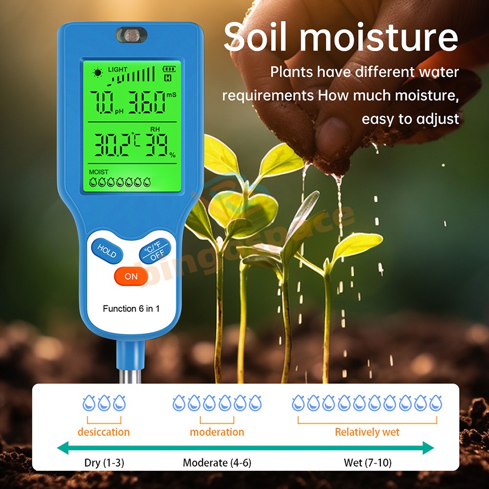 6-in-1 Digital PH Soil Tester Water Moisture Temperature Test Humidity Meter