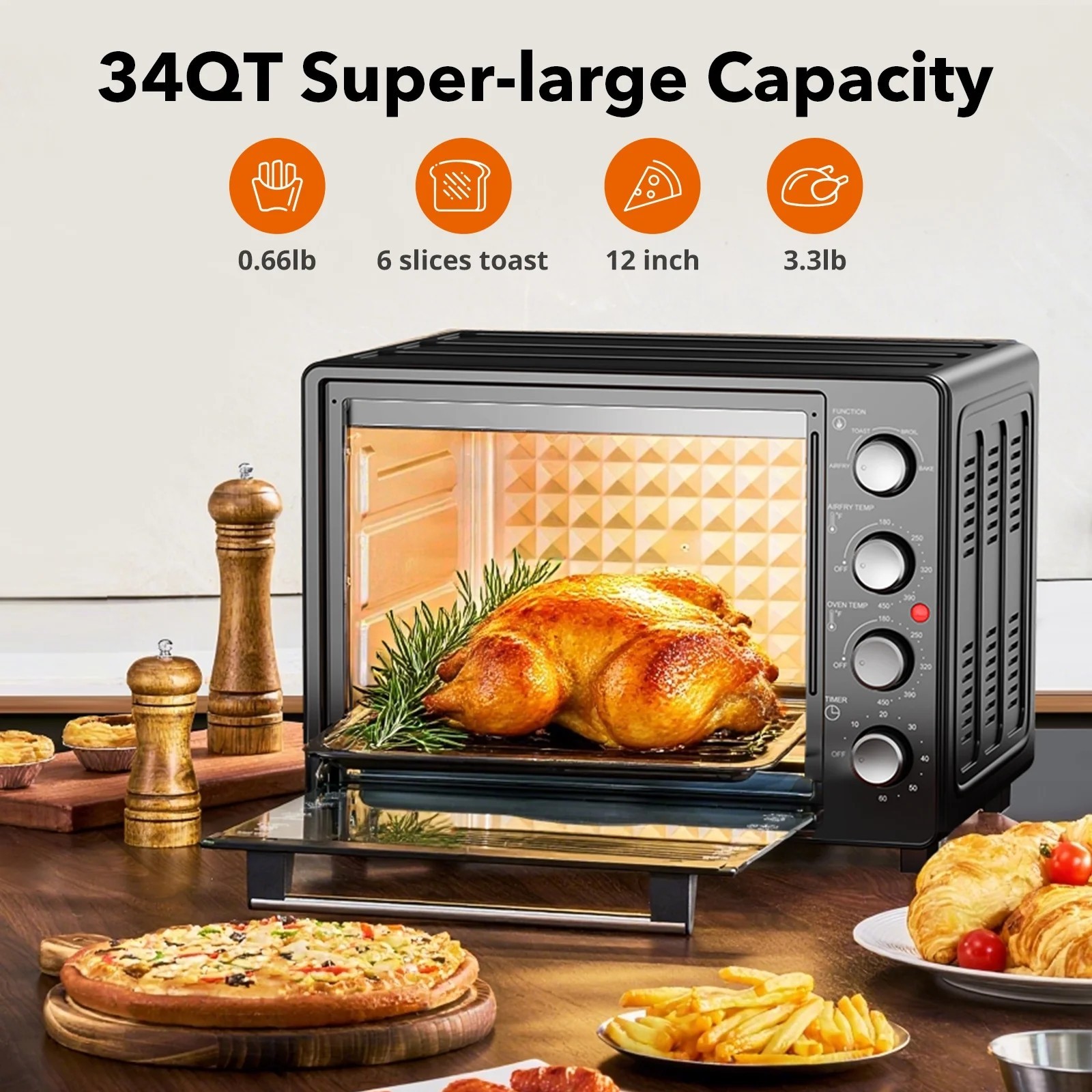 34QT Air Fryer Toaster Oven Combo Extra Large Countertop Cooker 1500W Oil-Less