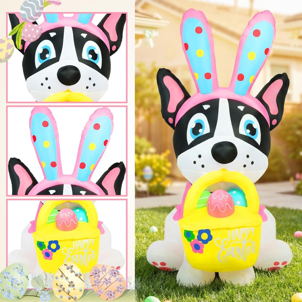 5FT Easter Inflatable French Bulldog with Egg Basket Yard Multicolor