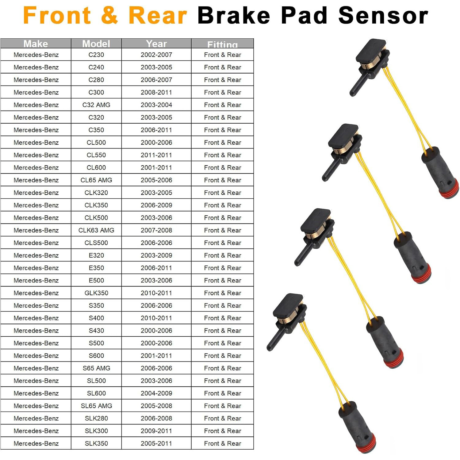 4x Front Rear Brake Pad Wear Sensors for Mercedes-Benz C230 C240 C300 C320 C350
