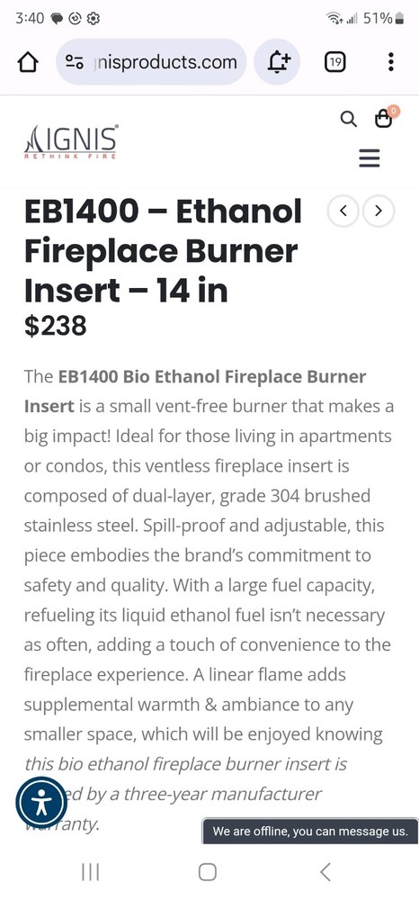 Ignis EB1400 Ethanol Ventless Fireplace INSERT Rare