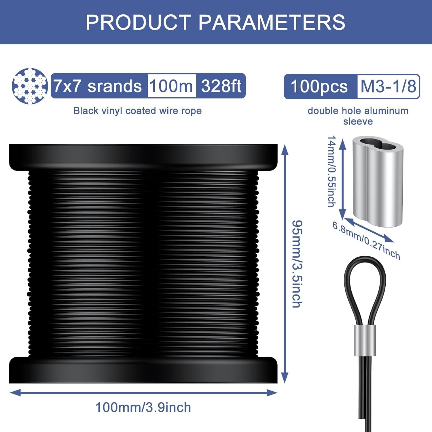 328FT 304 Stainless Steel Wire Rope Cable, Black Vinyl Coated, 150Pcs 1/16''Alum
