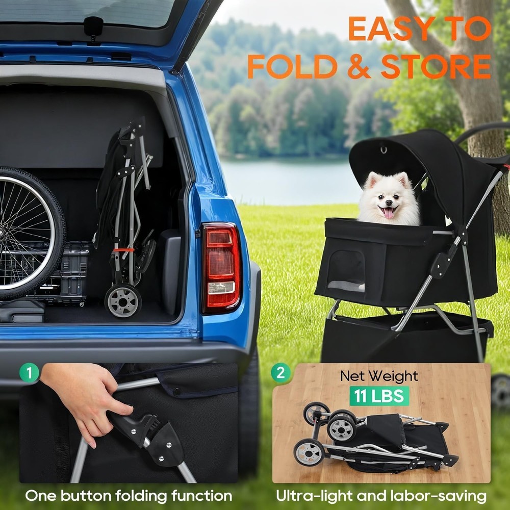 Black Pet Stroller - Waterproof & Foldable Design for Outdoor Adventures