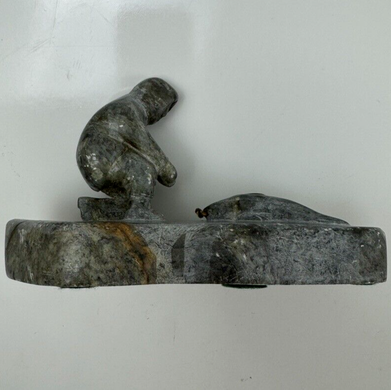 Alaskan Native Vtg Soapstone Tableau Seal & Hunter Contemporary Green Variegated