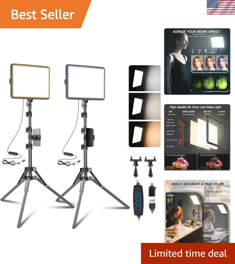 Compact LED Light Panel Kit - 2-Pack with Adjustable Tripod & Brightness Control