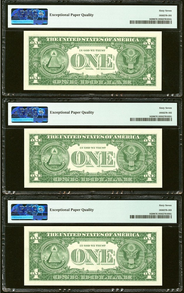 3 Consecutive 1957A $1 Silver Certificates PMG 67 EPQ Superb Gem Uncirculated