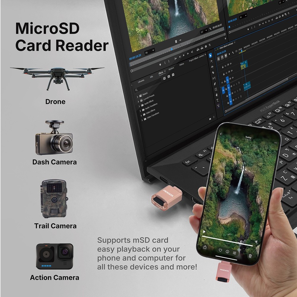 PioData Micro SD Card Reader for USB C iPhone, iPad, Android iXflash Q mini Pink