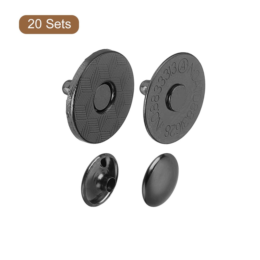 20 Sets 18x2mm Magnetic Round Snaps Button Base Components and Cap Kit, Black