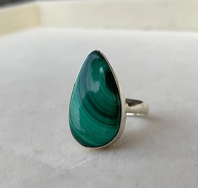 Solid 925Sterling Silver Natural Malachite Pear Gemstone Statement Handmade Ring