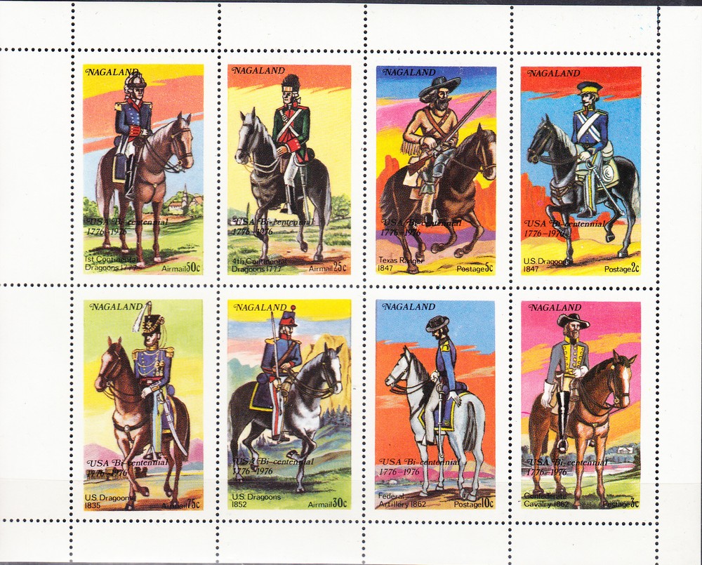 W NAGALAND ST 011 MS USA BICENTENARY CAVALRY PERFORATED MINI SHEET