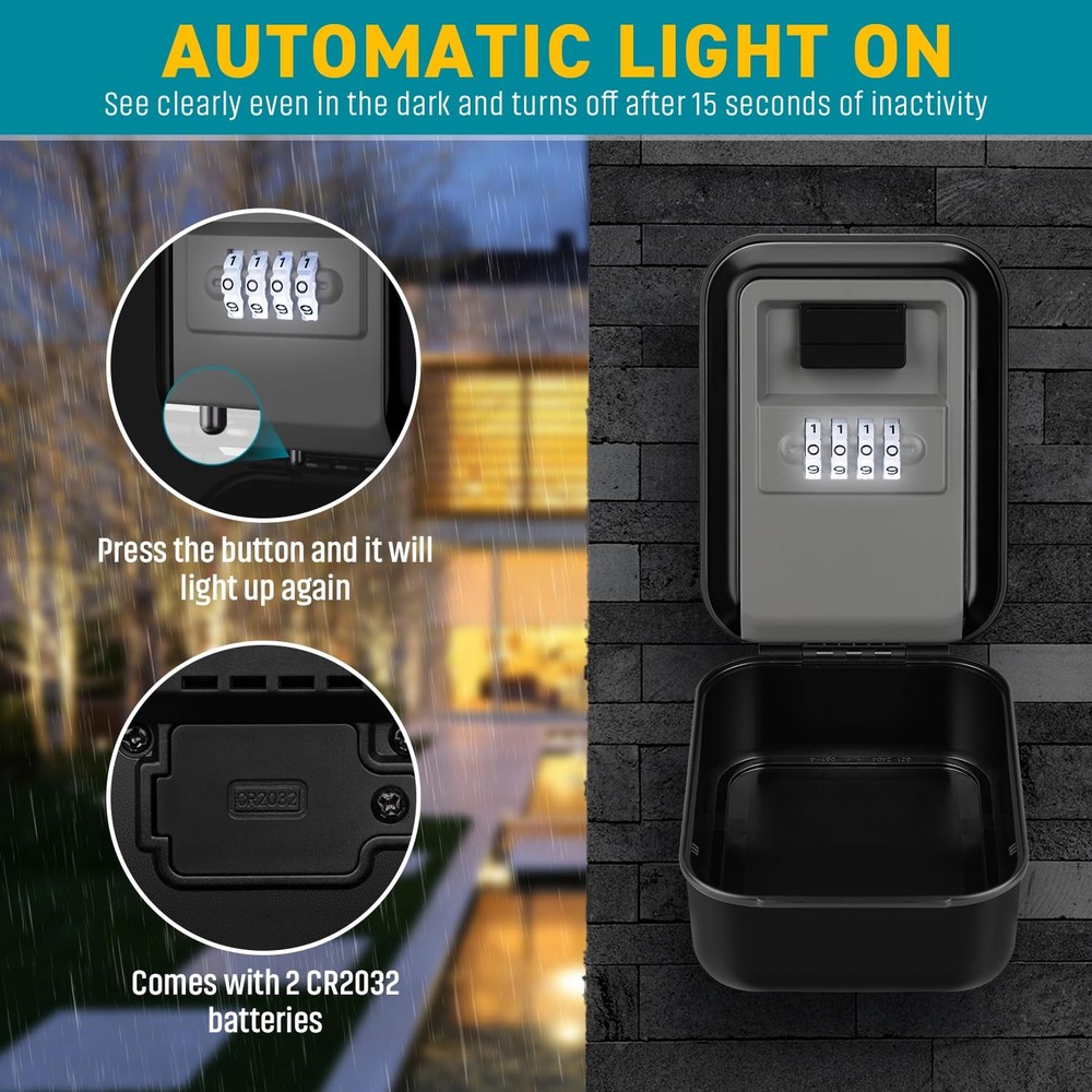 Key Lock Box, Waterproof Wall Mount, 4-Digit Code, Auto-Illuminating | Secure