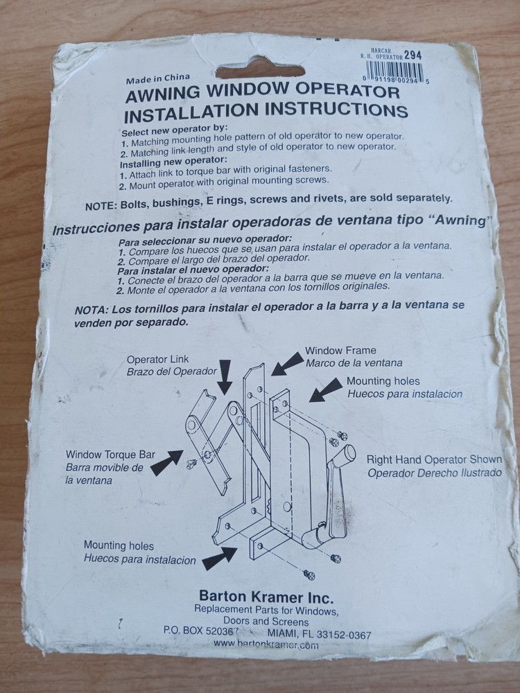 Barton Kramer Harcar Right-Hand Awning Window Operator